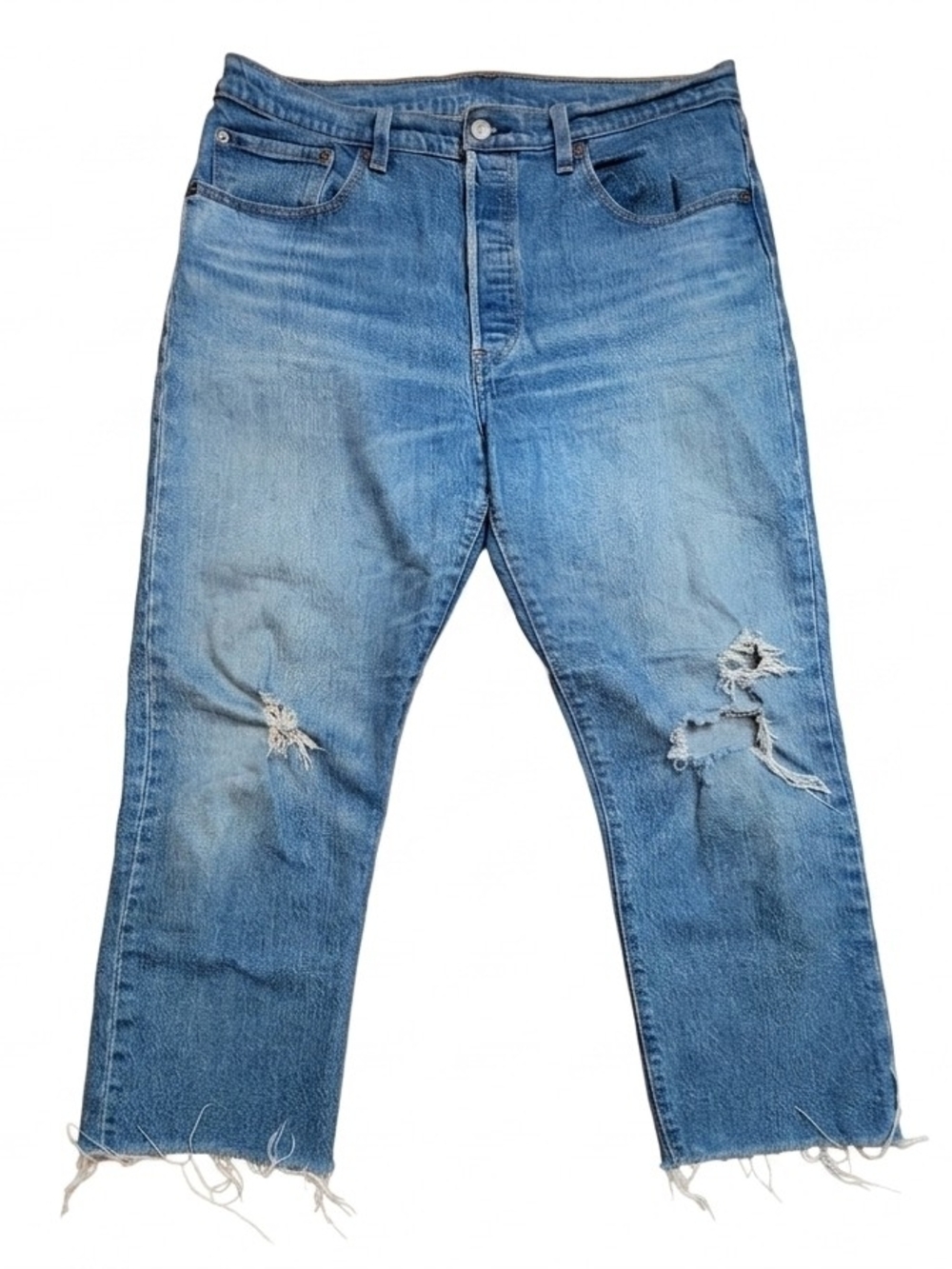Levi’s 501 Original Distressed Cropped Jeans Frayed Hem Button Fly 32x26